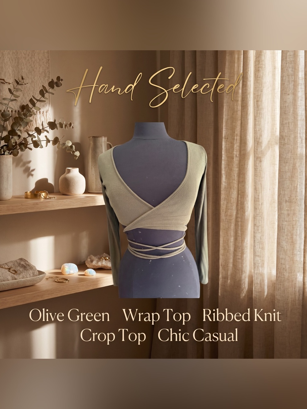 Better Be Olive Green Ribbed Wrap Crop Top Long Sleeve Tie Waist Y2K Gorpcore